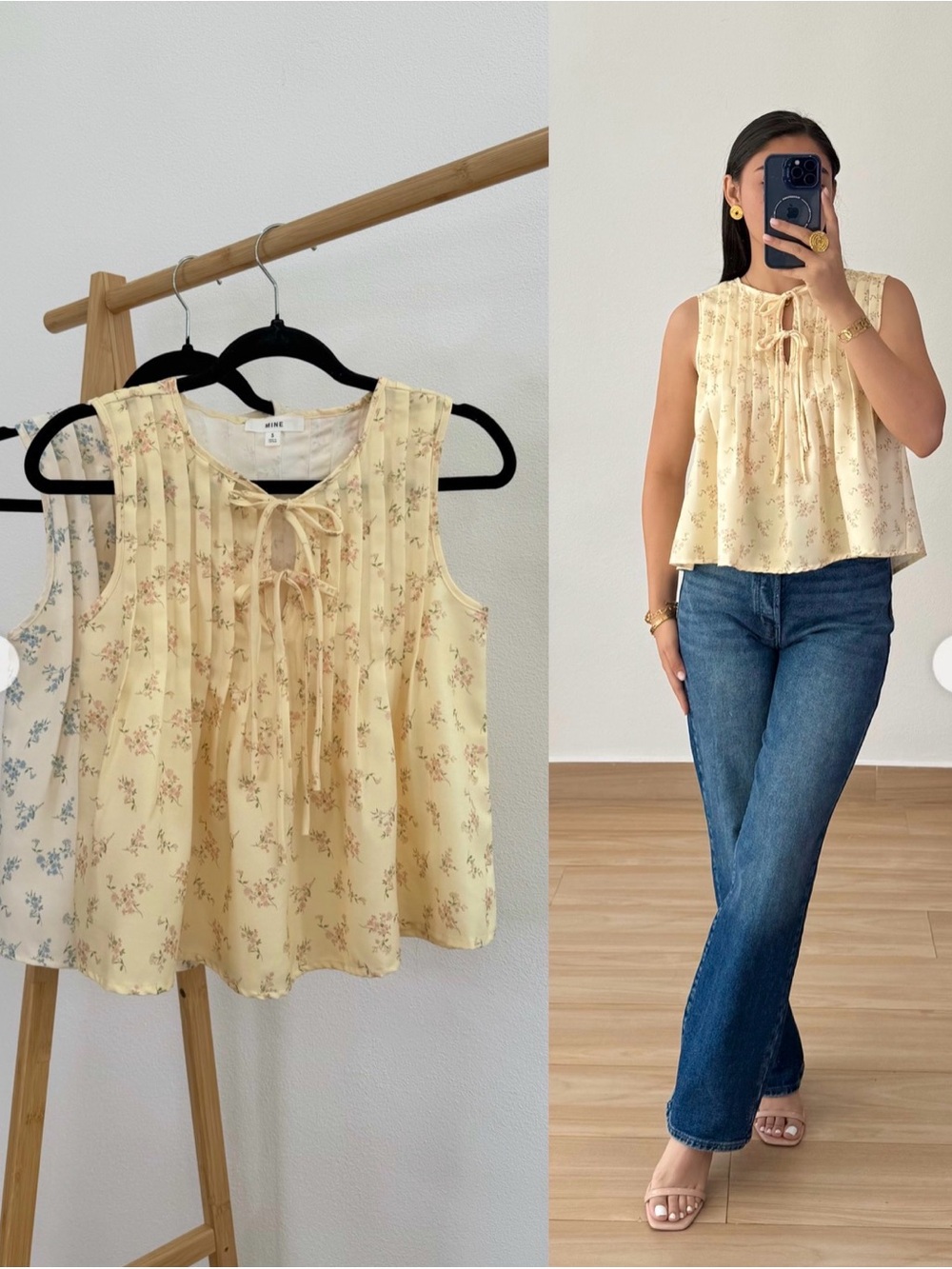 Mine Front Tie Butter Yellow Floral Sleeveless Top sz M